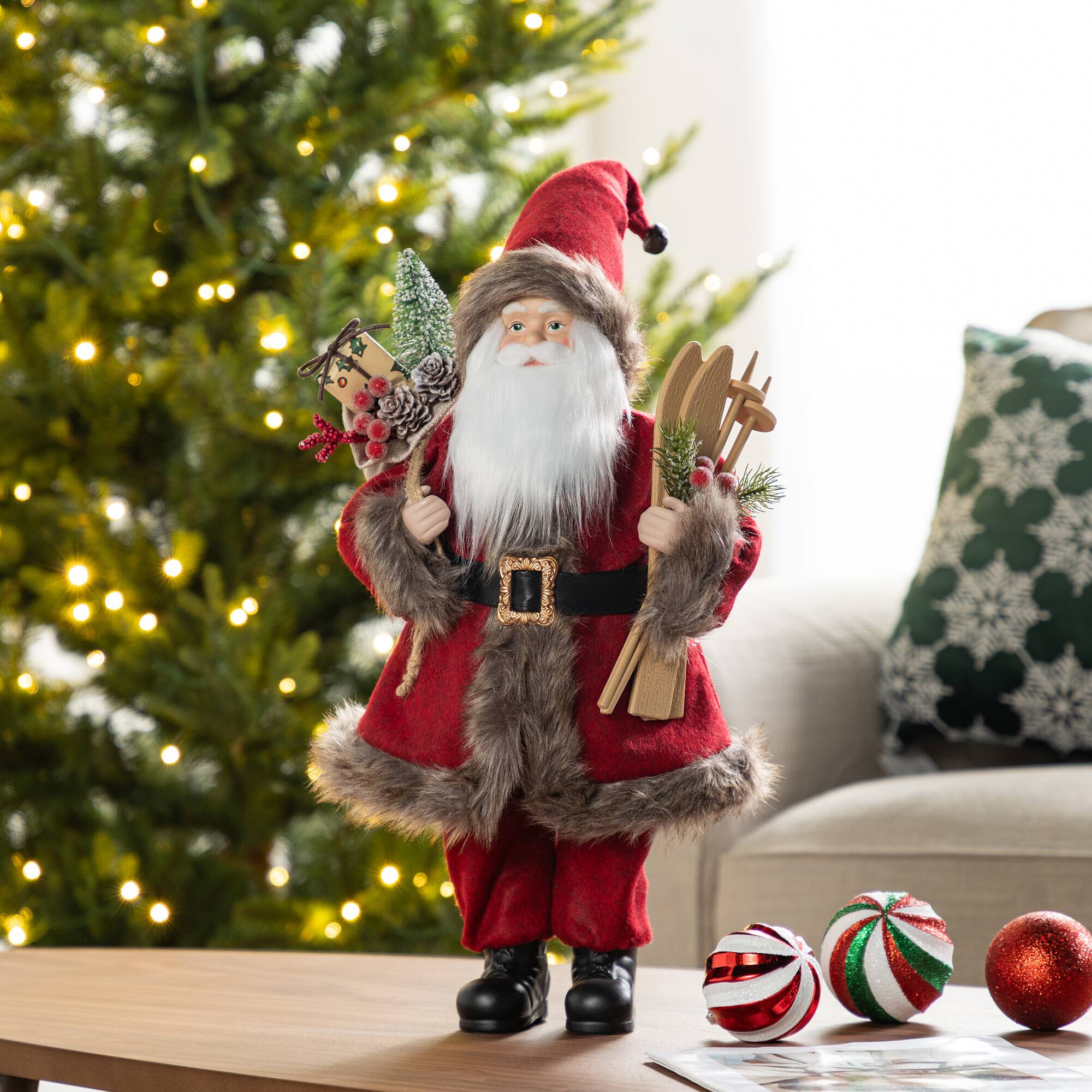 Glitzhome® 18"H Faux Fur Christmas Red Woodland Santa Figurine with Porcelain Face